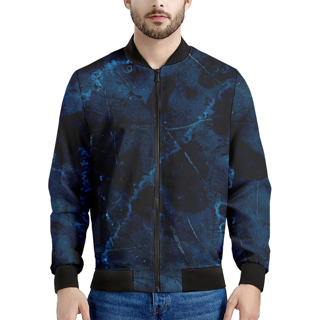 Dark Blue Marble Print Men's Bomber Jacket