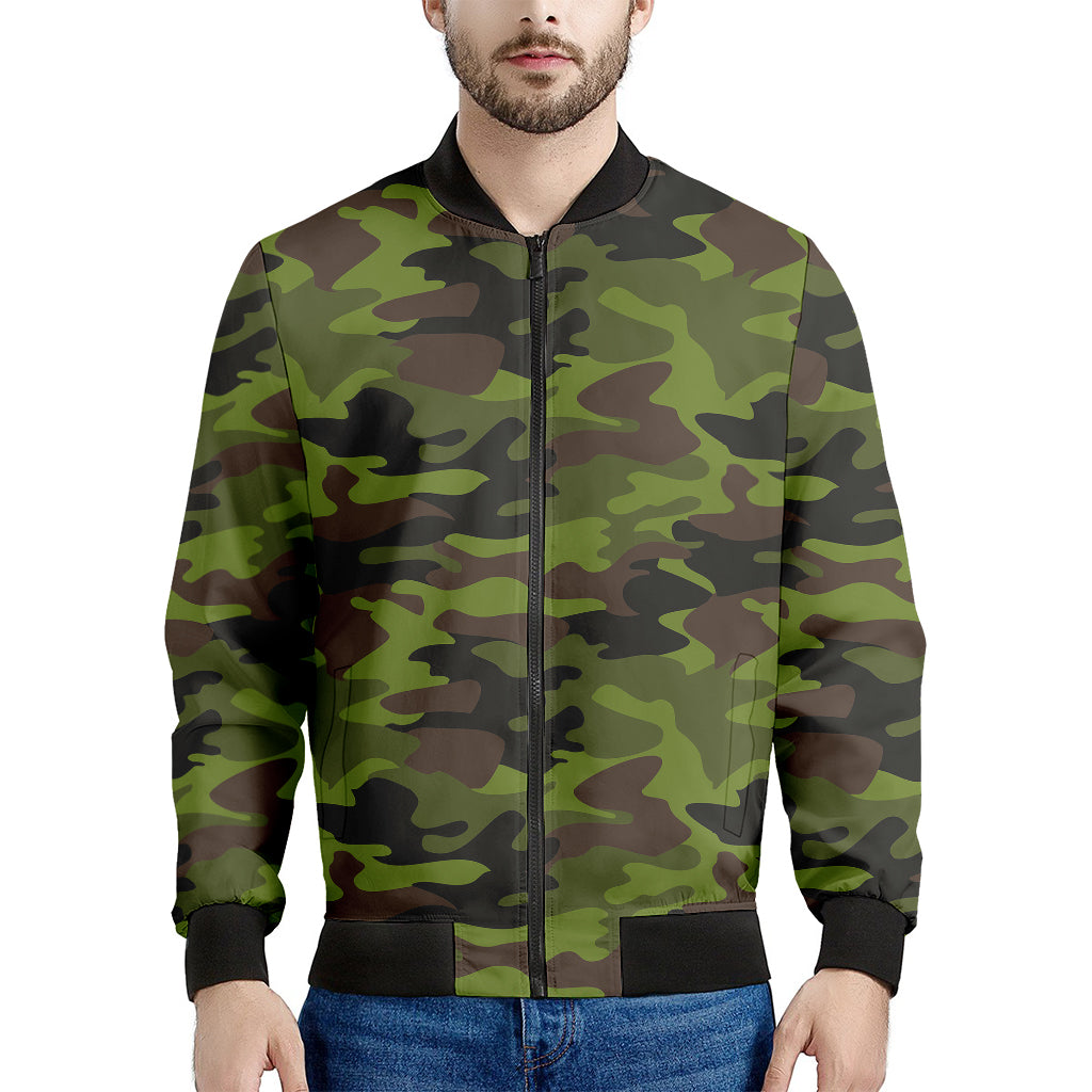 Dark Green And Black Camouflage Print Men's Bomber Jacket
