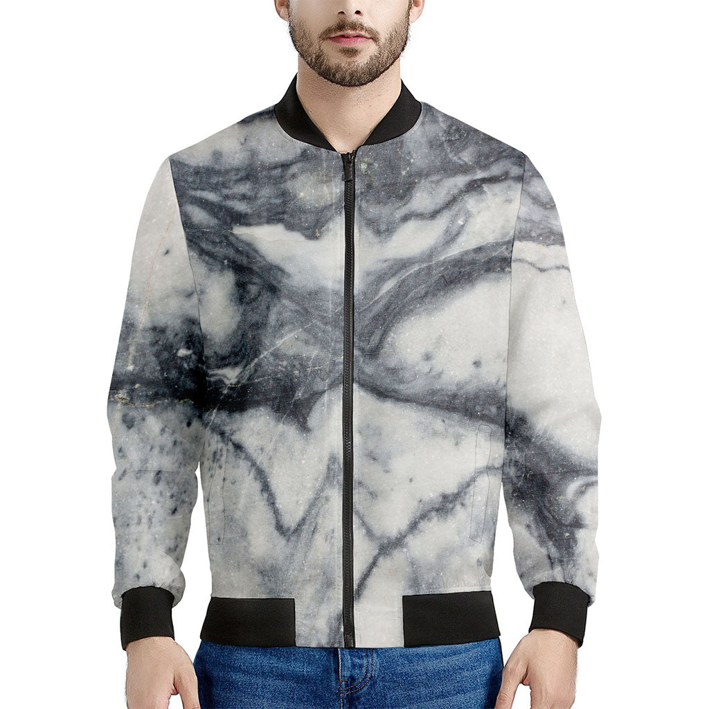 Dark Grey White Marble Print Men's Bomber Jacket